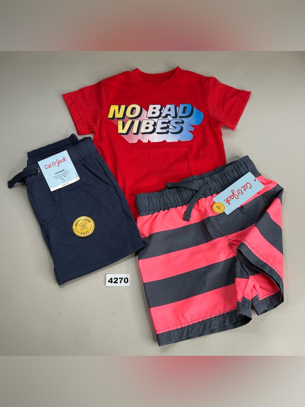 Cat & Jack Boys 3PC Outfit Set 2T Red Tee Navy Pants Striped Shorts No Bad Vibes